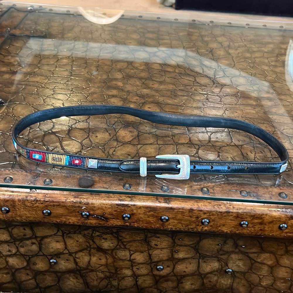 Vintage Brighton black leather skinny belt colorful beaded southwestern design
